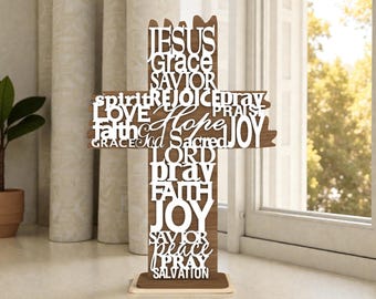 Kristet ord kors laserskuren fil SVG, Jesus nåd Frälsare, stående bordsskylt, Glowforge xTool, religiös heminredning, 3D träkonst