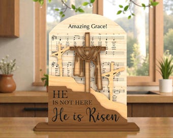 He Is Risen Laser Cut File SVG, Amazing Grace Hymn with Draped Cross, Easter Resurrection Scene,Christian Table Decor ,Glowforge File Svg