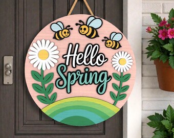 Hello Spring Round Sign Laser Cut File SVG, Layered Bee and Daisy Door Hanger SVG, Cute Spring Porch Welcome Sign ,Cricut Glowforge xTool