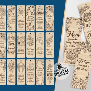 May include: A collection of wooden bookmarks with engraved designs and text. The bookmarks feature floral patterns, hearts, and inspirational quotes about mothers. Some bookmarks have the text "Mom" and "Mother".