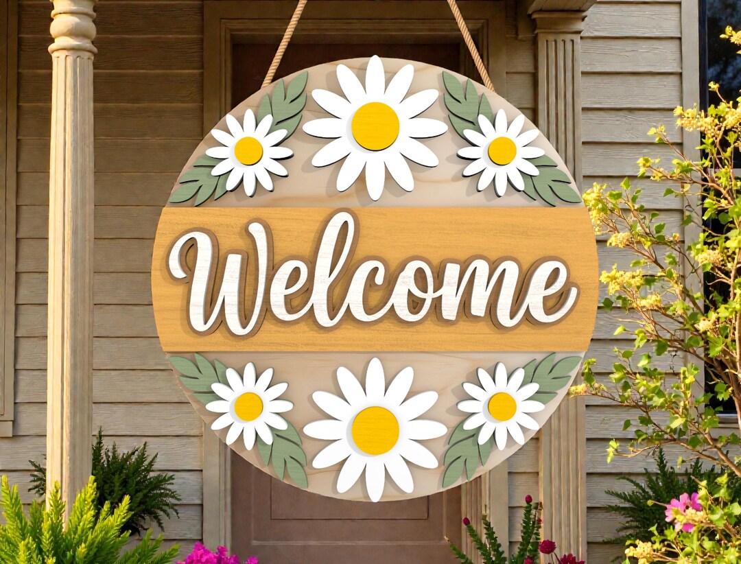 Layered Floral Door Hanger Laser Cut File SVG, Daisy Welcome Round Sign ...
