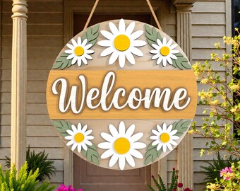 Layered Floral Door Hanger Laser Cut File SVG, Daisy Welcome Round Sign SVG,Spring Summer Flower Porch Welcome Sign ,Cricut Glowforge xTool