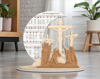 Stary, surowy krzyż w formacie SVG, plik z wycinanym laserowo hymnem wielkanocnym w formacie SVG, księżycowa scena z krzyżem, chrześcijańskie nuty, Glowforge xTool Cricut, dekoracje religijne