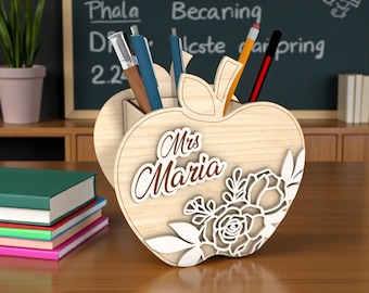 Personalized Apple Pencil Holder SVG, Teacher Desk Organizer Laser Cut File Svg, Custom Name Apple Box for Glowforge xTool Cricut
