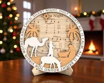 Silent Night SVG, Nativity Scene Round Sign SVG, Christmas Hymn Laser Cut File, Layered Nativity Ornament SVG, Glowforge Xtool Cut File