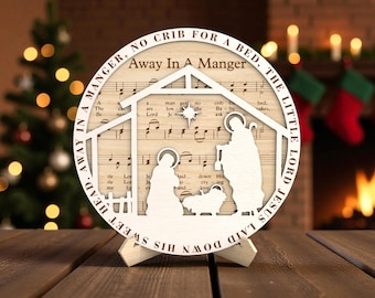 Away in a Manger Nativity SVG, Christmas Nativity Round Ornament SVG, Holy Family Manger Scene Laser Cut File, Layered Music Sheet Nativity