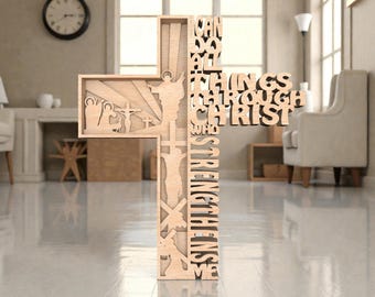 Bible Verse Cross SVG, Philippians 4:13 Sign, I Can Do All Things, 3D Christian Laser Cut File, Scripture Decor, Glowforge xTool Cricut