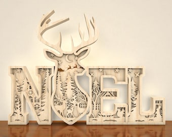 Noel Reindeer Layered Laser Cut File Svg, Christmas Laser Cut Letters Sign, 3D Deer Head Holiday Decor for Glowforge