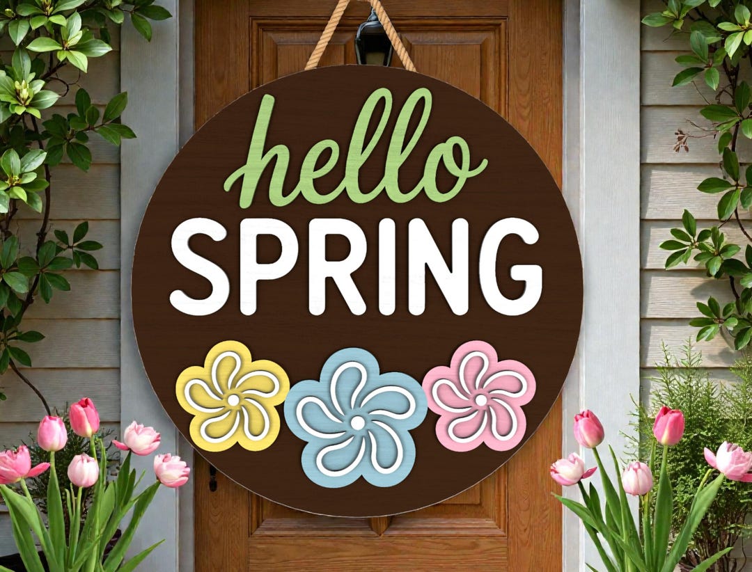 Hello Spring Round Sign Svg,floral Door Hanger Laser File Svg,3d ...