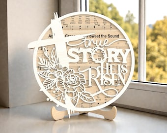 He Is Risen Laser Cut File SVG, True Story Easter Sign, Floral Cross with Hymn Svg,  Glowforge xTool, 3D Layered Wood, Resurrection Decor