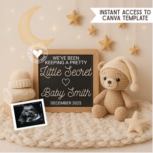 Modèle de faire-part de bébé petit secret | Thème nuit douillette | Révélateur de grossesse numérique Canva modifiable