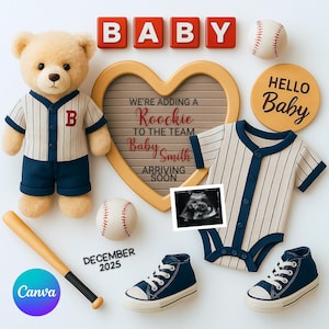 Plantilla de Canva para anunciar un bebé de béisbol / Anuncio de embarazo editable con temática deportiva / Anuncio de bebé novato / Descarga instantánea