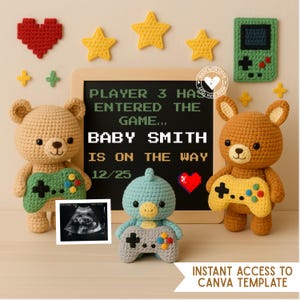 de faire-part de bébé Player 3 | Révélation de grossesse Gamer | Panneau de jeu vidéo numérique éditable