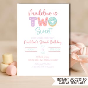 Two Sweet Birthday Invitation | Editable 2nd Birthday Donut Party Invite | Girl Canva Template | Second Birthday | Instant Download