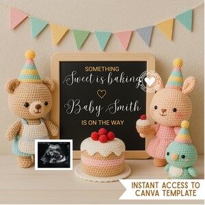 Faire-part de bébé « Quelque chose de sucré est cuit » | Modèle de toile Thème de la pâtisserie | Révélateur de grossesse numérique modifiable
