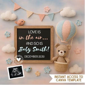Faire-part bébé montgolfière | Modèle sur toile L'amour est dans l'air | Signe numérique de grossesse modifiable