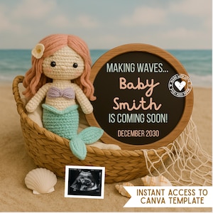 Mermaid Baby Announcement Canva Template | Basket Baby Reveal | Editable Under the Sea Digital Design
