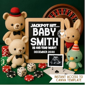 Jackpot Baby Announcement Template | Casino-Themed Pregnancy Reveal | Editable Canva Digital Sign