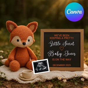Woodland Baby Announcement Canva Template | Editable Forest Fox Pregnancy Reveal | Little Secret | Instant Download