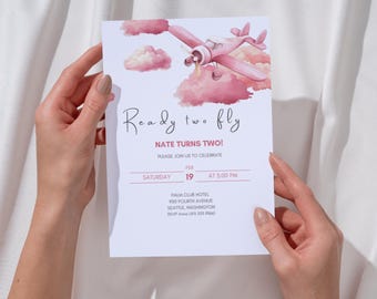 Airplane 2nd Birthday Invitation, Ready TWO Fly Girl Birthday, Editable Pink Aviator Invite, Pilot Party Template