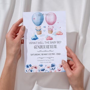 Faire-part de révélation de sexe en montgolfière ours, ballons roses et bleus, modèle modifiable, invitation de révéler bébé numérique