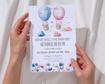 Bear Hot Air Balloon Gender Reveal Invitation, Pink & Blue Balloons, Editable Template, Digital Baby Reveal Invite