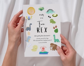 Convite de aniversário com dois dinossauros Rex, convite editável para 2º aniversário de dinossauro, modelo para festa de dinossauro, menino de 2 anos, impressão digital, modelo Canva