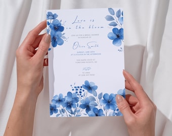 Love is in the Bloom Bridal Shower Invitation, Blue Floral Bridal Shower Invite, Editable Vintage Template, Printable Digital Download