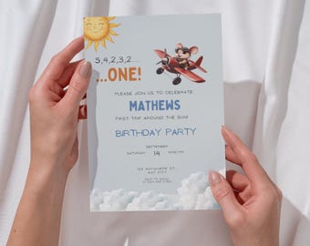 First Trip Around the Sun Birthday Invitation, Countdown Theme, Mouse Flying, Editable 1st Birthday Invite for Boys