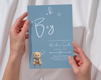 Blue Oh Boy Baby Shower Invitation, Boy Minimalist Baby Shower Invite, Editable & Printable Template, Canva Digital Download
