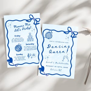 May include: Two light blue party invitation cards with dark blue decorative borders, bows, and text. One card reads "Mamma Mia Let's Party!" and the other says "Dancing Queen!" with event details.