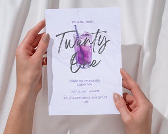 21st Birthday Invitation, Editable Purple Party Invite with Drink, Twenty-One Birthday Template, Digital Download