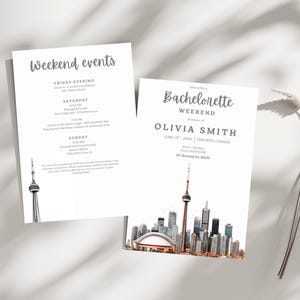 Plantilla de invitación e itinerario para despedida de soltera en Toronto, invitación editable para despedida de soltera en Canadá, descarga de Canva para viaje de chicas por la ciudad