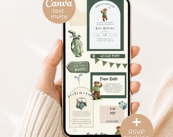 Golf Teddy Bear Baby Shower Invitation, Trackable RSVP Website, New to the Club Boy Invite, Green Editable Canva Template