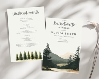May include: Two invitations with text. One reads "Weekend events" with a schedule. The other says "Bachelorette Weekend" with a name and location. Both have a watercolor forest and mountain design.