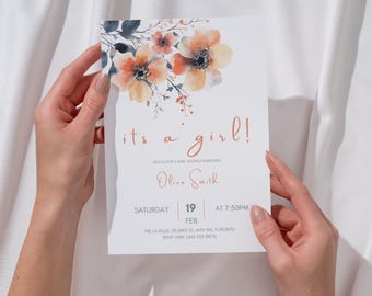 Baby Shower Invitation Girl, Instant Download, Editable Floral Baby Shower Invite, Elegant Printable Template