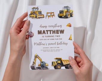 May include: A birthday invitation with watercolor illustrations of construction vehicles, including a bulldozer, excavator, and dump truck. The invitation reads "dump everything MATTHEW is turning two" and includes event details.