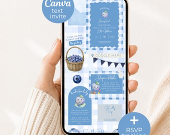 Hemsida för babyshowerinbjudningar med söt bär- och pojkemotiv, inbjudningskort för blåbärstema med OSA- och registreringslänkar, redigerbar Canva-mall