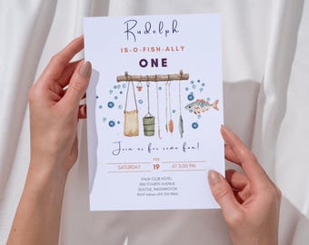 Editable Fishing First Birthday Invitation, O-Fish-Ally One Party Invite, Boy 1st Birthday, Printable Digital Template