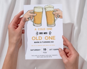 Editable Vintage Beer Party Invitation, "A Cold One for the Old One", Adult Men's Birthday Invite, 40th 50th 60th Any Age, Digital Printable