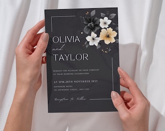 Black Wedding Invitation, Gold White Floral Editable Template, Minimalist Modern Invite, Digital Download
