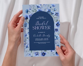 Wildflower Blue Bridal Shower Invitation, Editable Botanical Floral Template, Garden Brunch Invite, Printable Digital Download