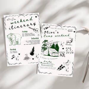 Camping Bachelorette Einladung, bearbeitbare Glamping-Wochenend-Reiseplanvorlage, letztes Campout der Braut, digitaler Download Canva Invite