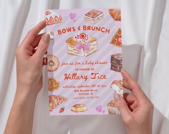 May include: A baby shower invitation with a watercolor design. The invitation features the text "Bows & Brunch" and details for Hillary Tice's baby shower. The design includes illustrations of pastries and desserts in shades of pink, brown, and white.