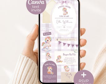 Magical Unicorn Baby Shower Invitation Website, Unicorn Evite with Trackable RSVP, Editable Canva Template