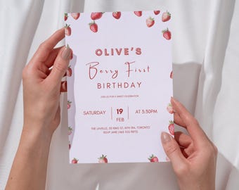Berry First Birthday Invitation, Modern Strawberry Party Invite, Editable Digital Template, 1st Birthday Girl Printable