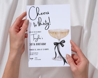Cheers to Thirty Birthday Invitation, Black Bow Birthday Invite, Coquette 30th Party Template, Wine Glass Invite, Editable Canva Download