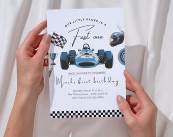 Race Car Birthday Invitation, Fast One First Birthday Invite, Editable Vintage Race Car Template, Car Party Printable, Digital Download