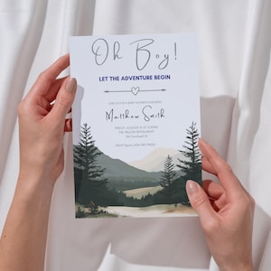 Mountain Baby Shower Invitation, Oh Boy Let the Adventure Begin, Editable Forest Baby Shower Template, Baby Boy Shower Printable