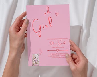 Oh Girl Baby Shower Invitation, Pink Floral Editable Template, Girl Baby Shower Invite, Digital Printable Download